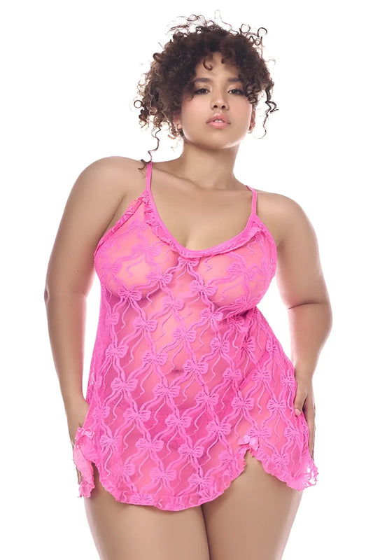 Pink lace camisole babydoll with sheer butterfly pattern and matching panty by mapale 7623x in pink
