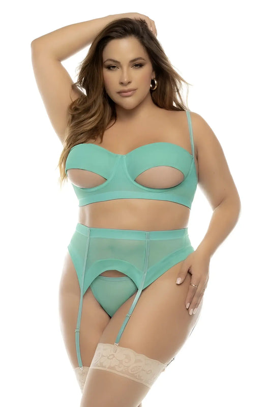 Mapale 8828X Sasha plus size sheer mint green lingerie set with lace trim and adjustable straps in jade color
