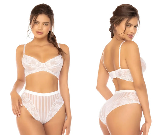 White lace bra and matching high-waisted panties with sheer vertical stripes from mapale 8842 emberly two piece set