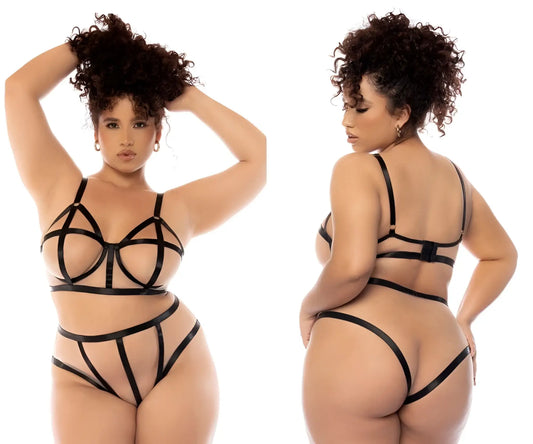 Black lace-up bra and thong set in mapale 8849x havana two piece set plus color nude-black with lace detailing