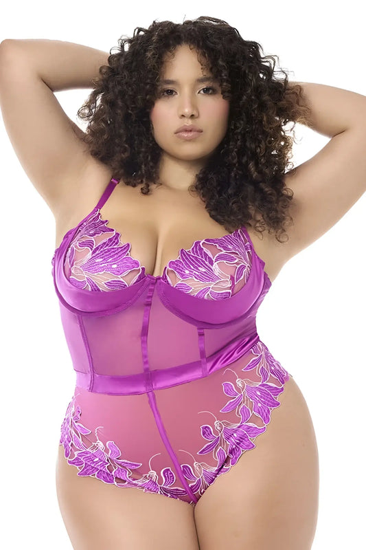 Purple lace teddy bodysuit with sheer mesh panels and satin trim in azalea by mapale 8953x