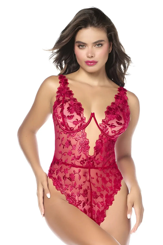 Mapale 8963 teddy in vibrant red lace with intricate floral embroidery and a deep v-neckline for elegant lingerie
