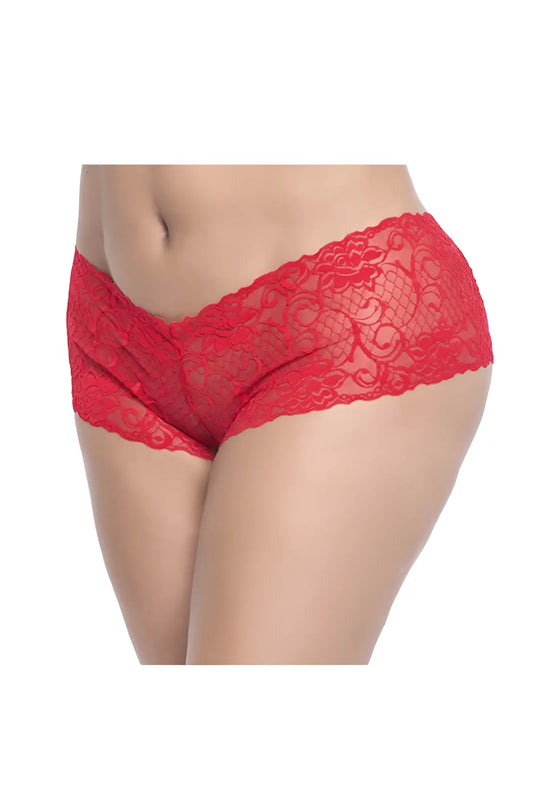 Red lace boyshort underwear with intricate floral patterns from Mapale 90X in vibrant red color