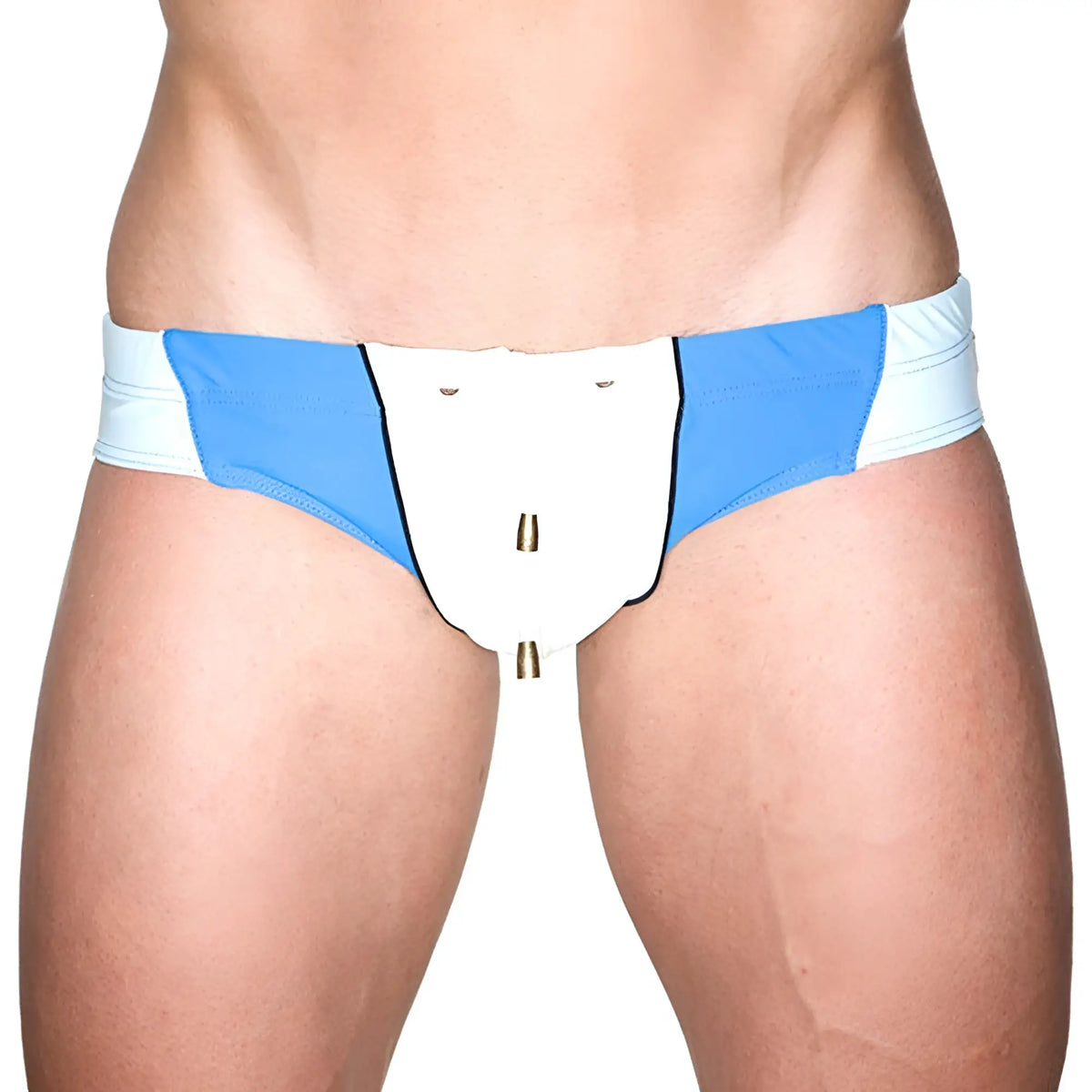 Marcuse MA Bondi blue and white athletic briefs with a central white panel and gold-toned metallic accents