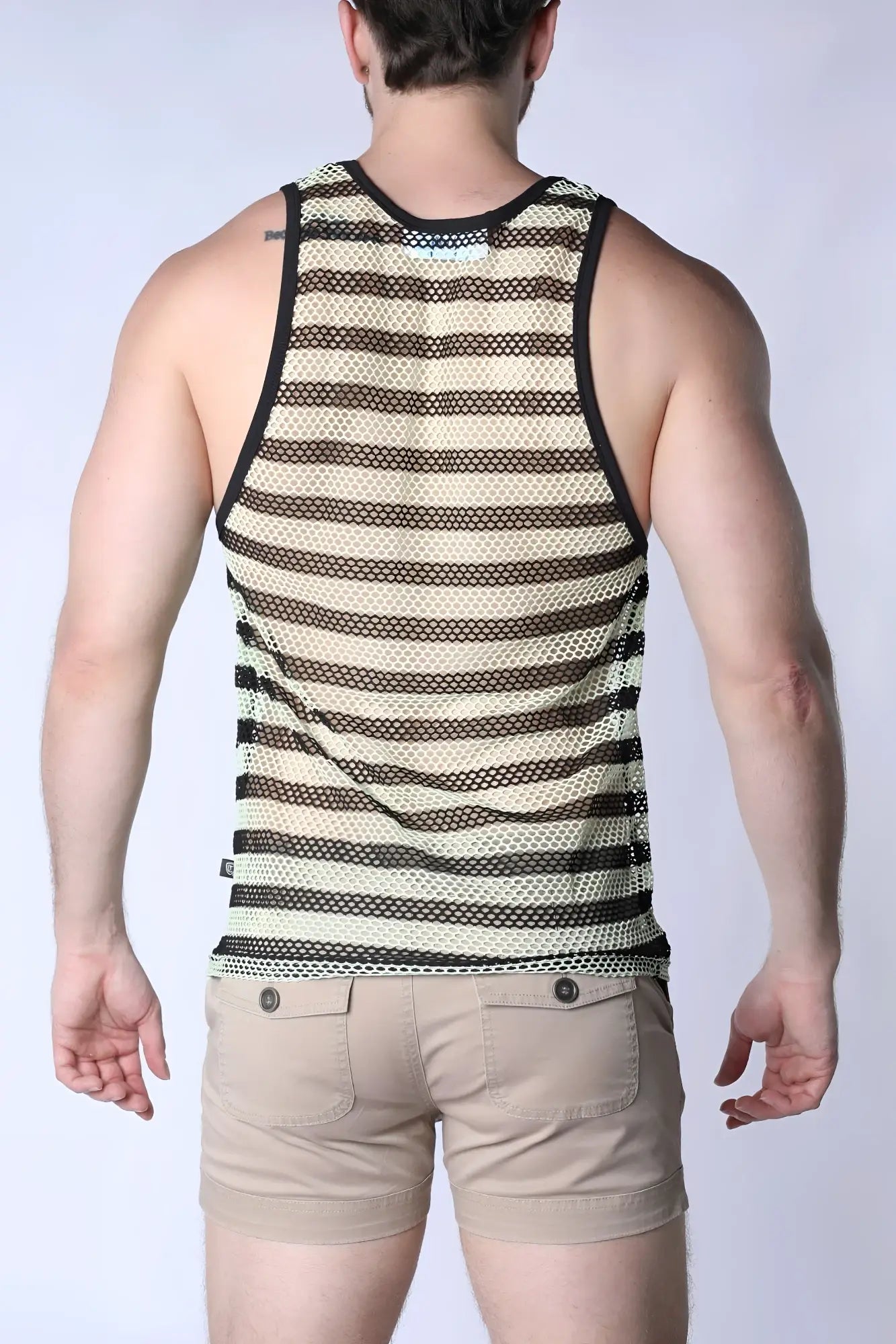 Mariner mesh stripe tank top in black and beige striped mesh with black trim for lightweight breathable wear