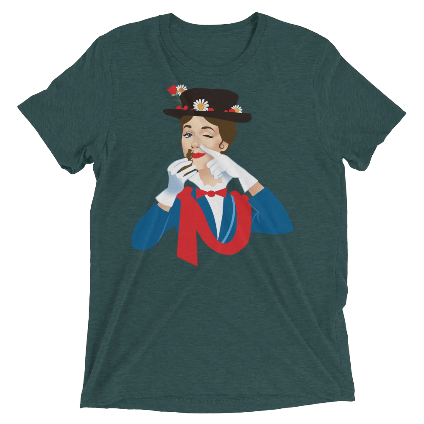 Dark green heathered cotton t-shirt featuring a colorful graphic of a woman in a top hat with daisies titled mary poppers