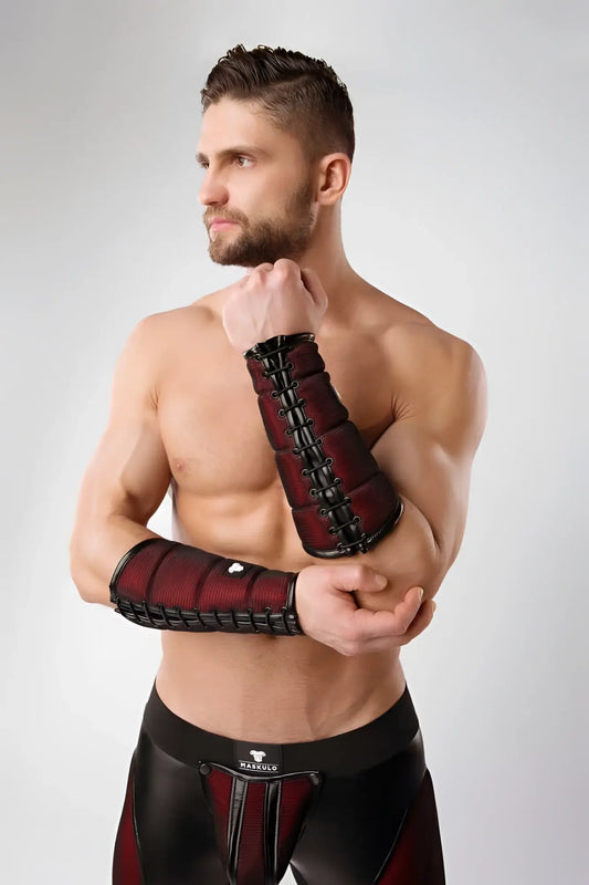 Maskulo armored color under forearm guard wallet armband red ac060 size l with red and black mesh textured forearm guards