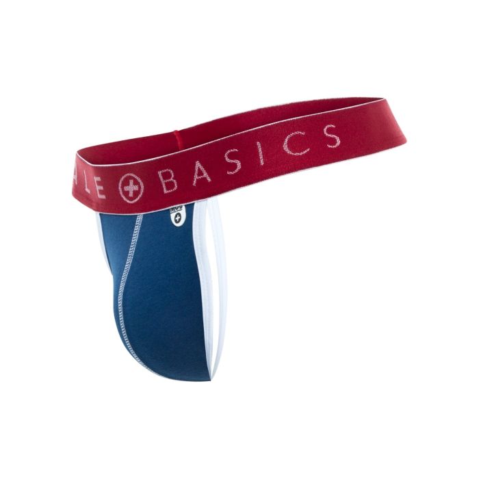 Carbon blue and black men's thong with a red MaleBasics waistband featuring a contoured pouch and soft fabric.