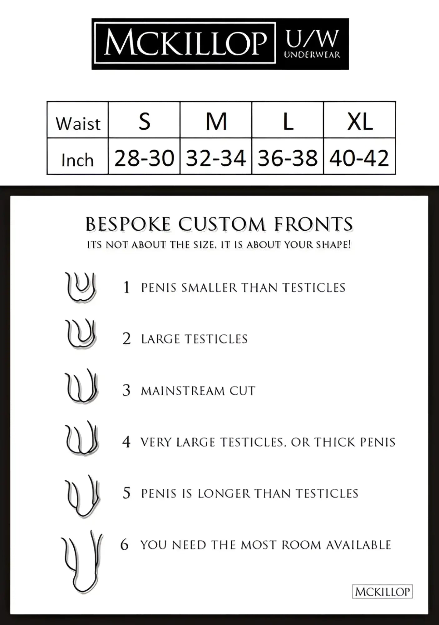 Mckillop bulge envy custom modal long boxer brief underwear navy with bespoke front sizing chart for six shapes