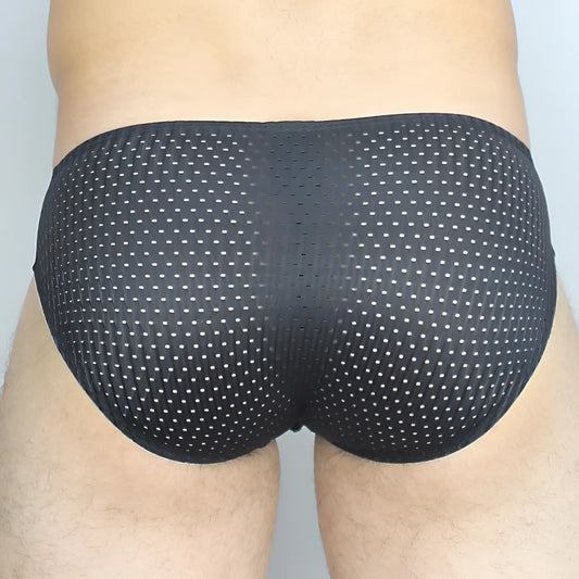 Black mesh mckillop gbpl gravity brief expose lycra briefs with subtle white dot pattern and breathable fabric