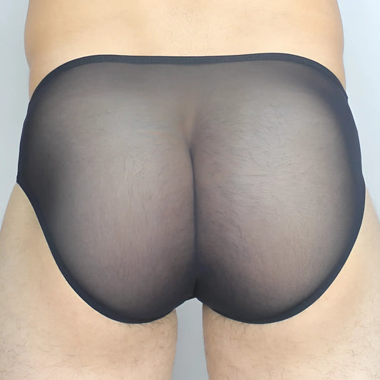 Black sheer mesh briefs with a solid black elastic waistband from mckillop GBUS gravity brief ultra mesh collection