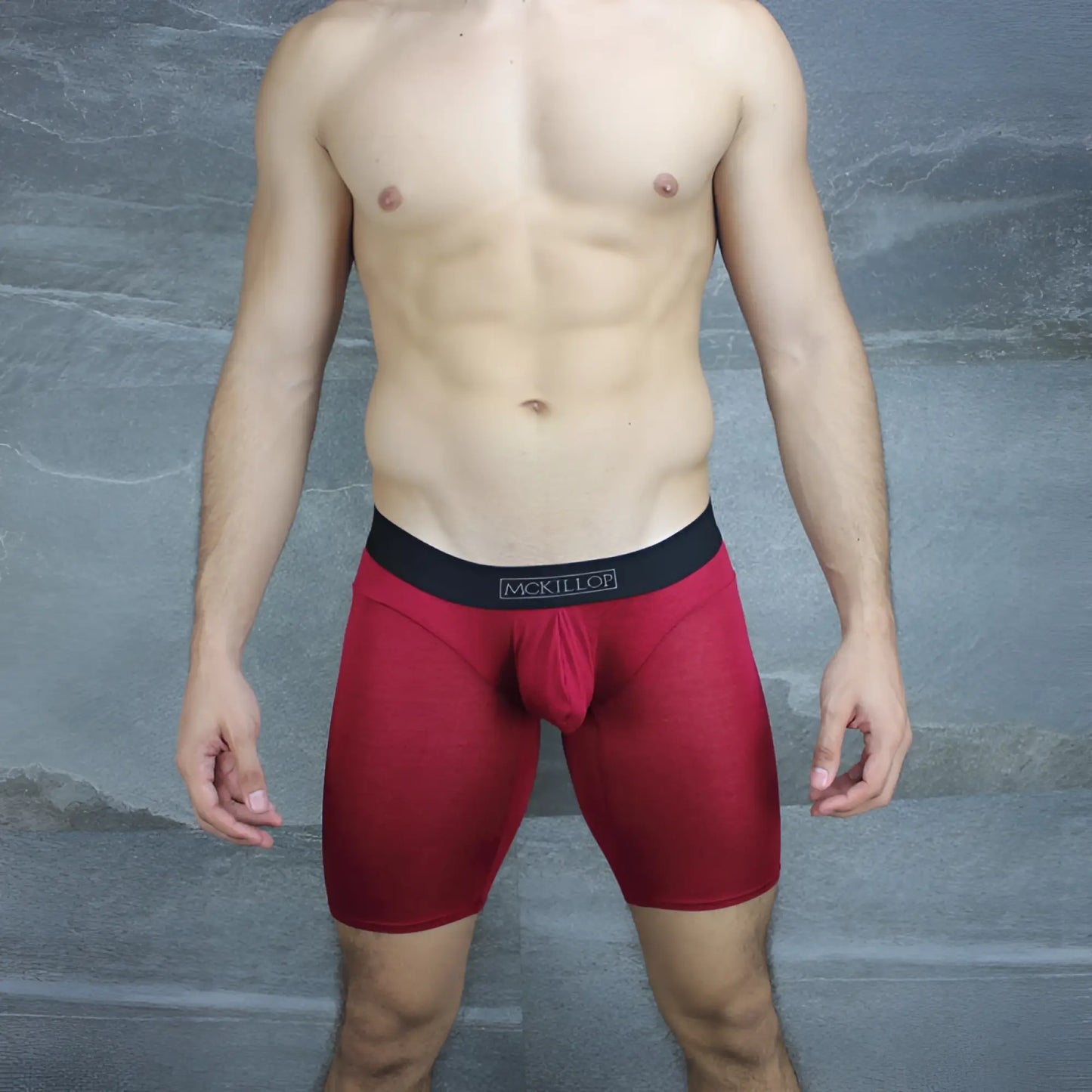 Red mckillop men’s modal knee long boxer briefs in burgundy with black waistband size medium for comfortable wear