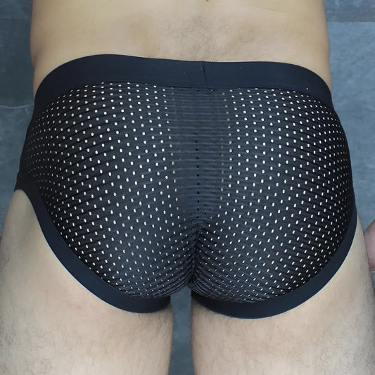 Mckillop MCKOBPL brief black mesh briefs with subtle white dot pattern and solid black elastic waistband