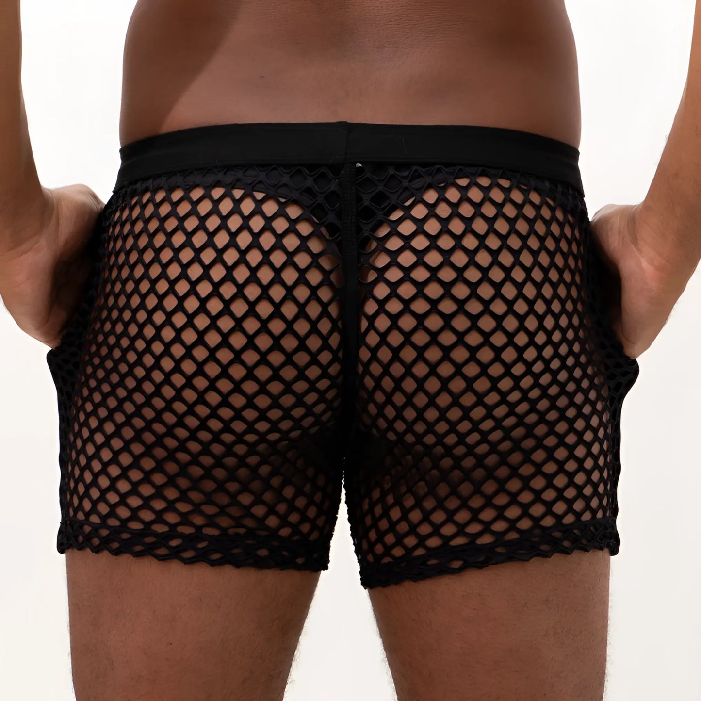 Black mesh swim trunks mesh back short with solid waistband showing the back side of the swimwear