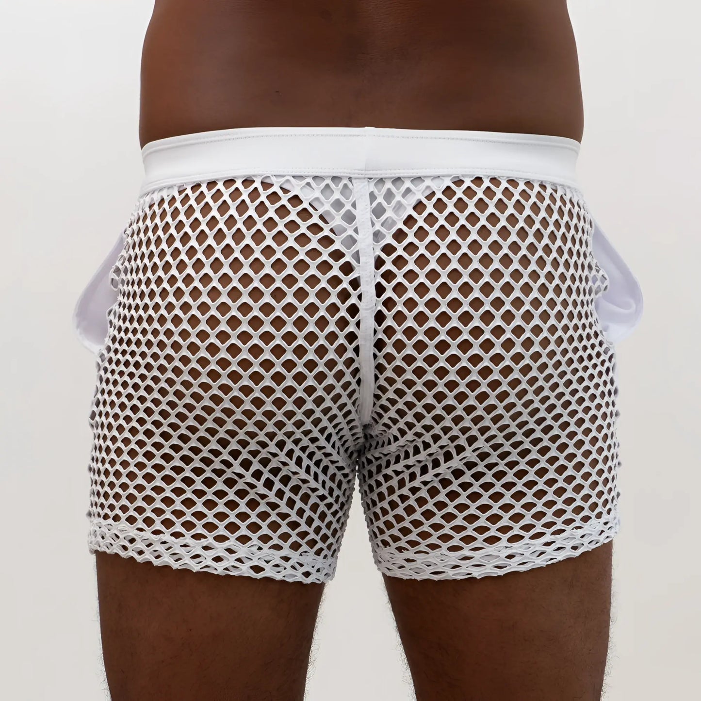 White mesh boxer shorts with solid white waistband and side pockets featured in mesh back short product line