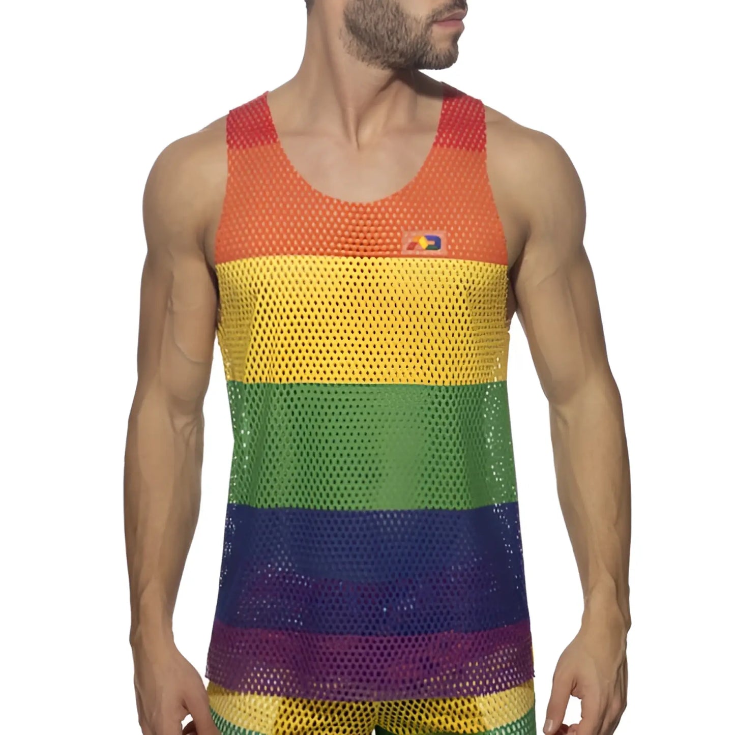 Mesh rainbow tank top featuring rainbow stripes and a small logo on the upper left chest in mesh fabric