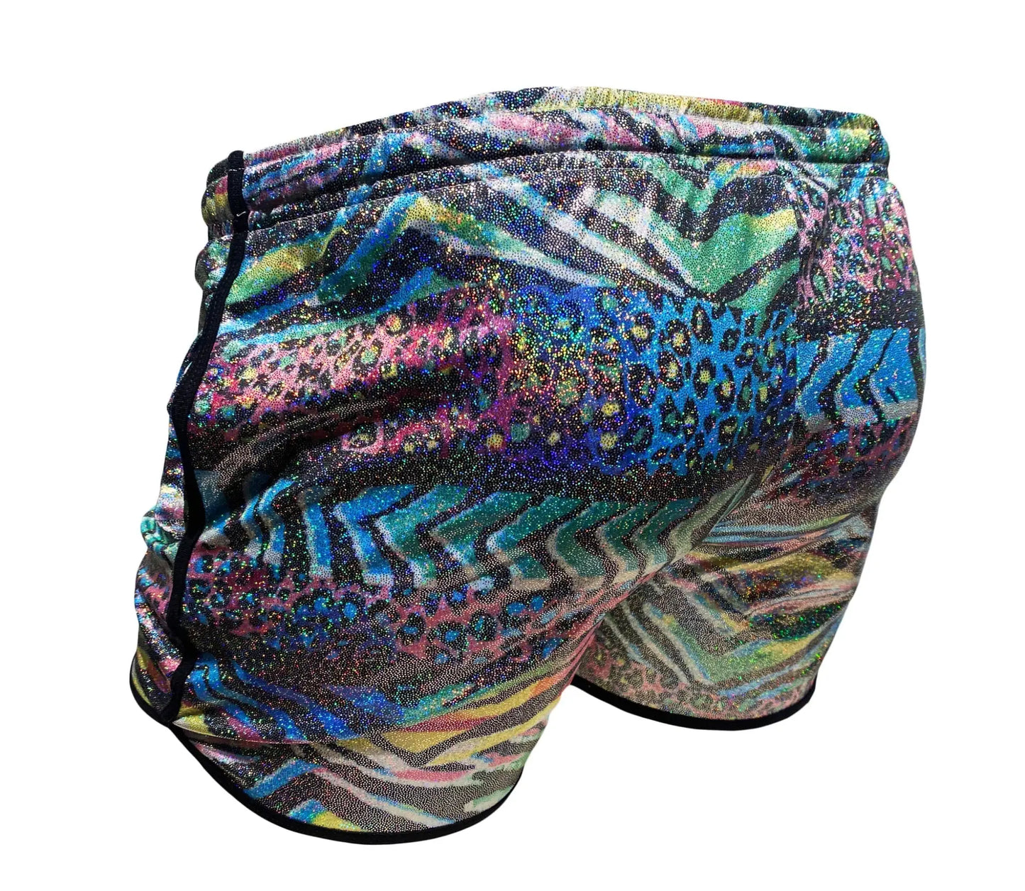 Vibrant multicolored metallic zebra pocket shorts with glittery abstract zebra and leopard patterns