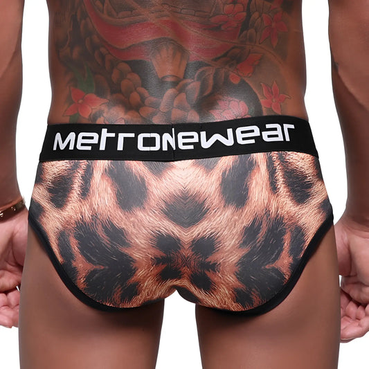 MetroMaleWear 365 hip brief animal 9005-60 in black and copper leopard print with black waistband and white logo
