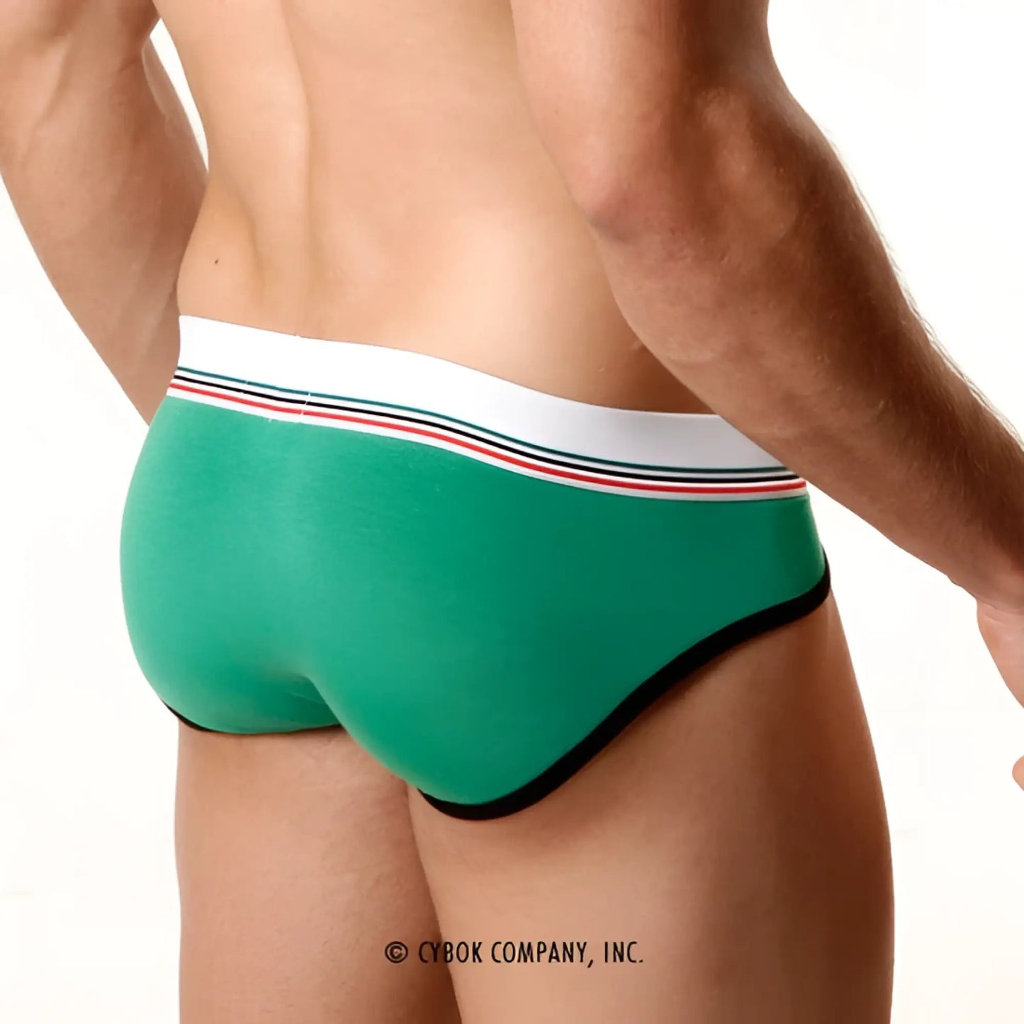 MetroMaleWear 365 hip brief green with white waistband featuring red and blue stripes and black trim in front view