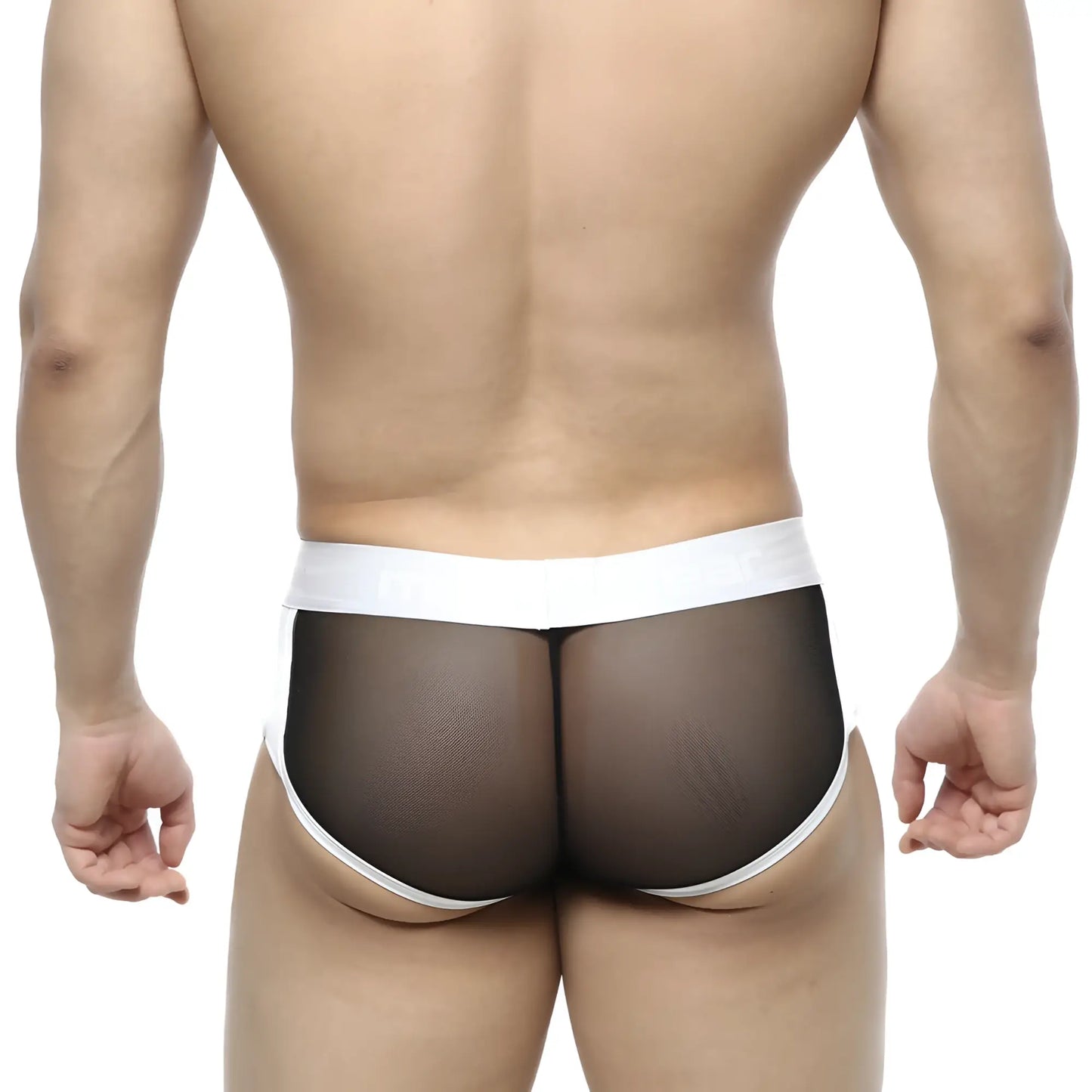 Black mesh briefs with white elastic waistband and leg openings from metromalewear active boxer 3327-72