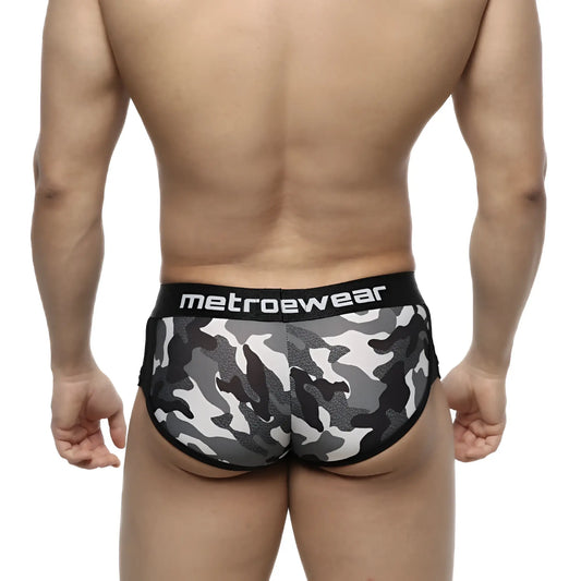 MetroMaleWear active boxer briefs in black and gray camouflage with a black waistband featuring the brand name