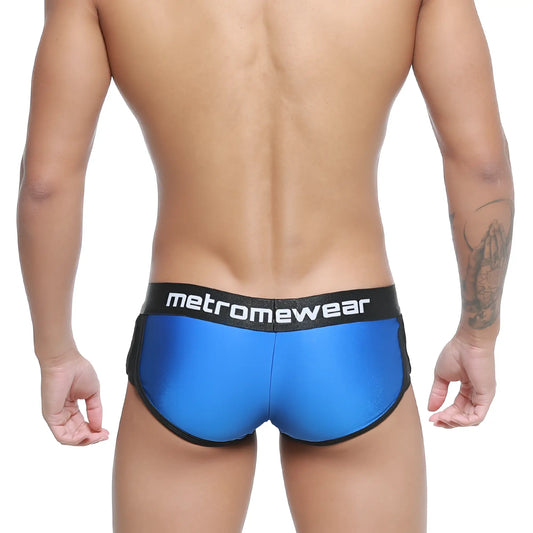 MetroMaleWear active boxer briefs in royal blue metallic with black trim and metromewear logo waistband