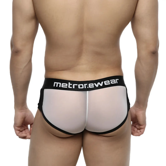 Black and white mesh briefs metrorewear branded waistband metro malewear active boxer white mesh 3327-71