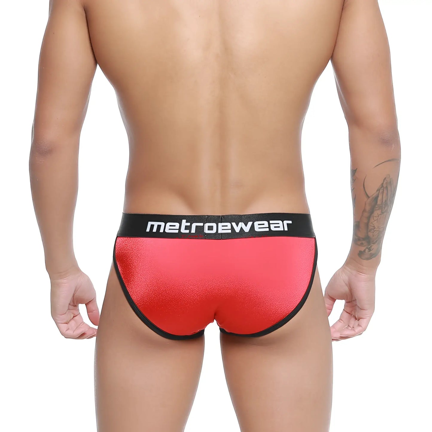 Red metallic metro male wear active briefs with black trim and metrowear logo waistband in style 3303-12