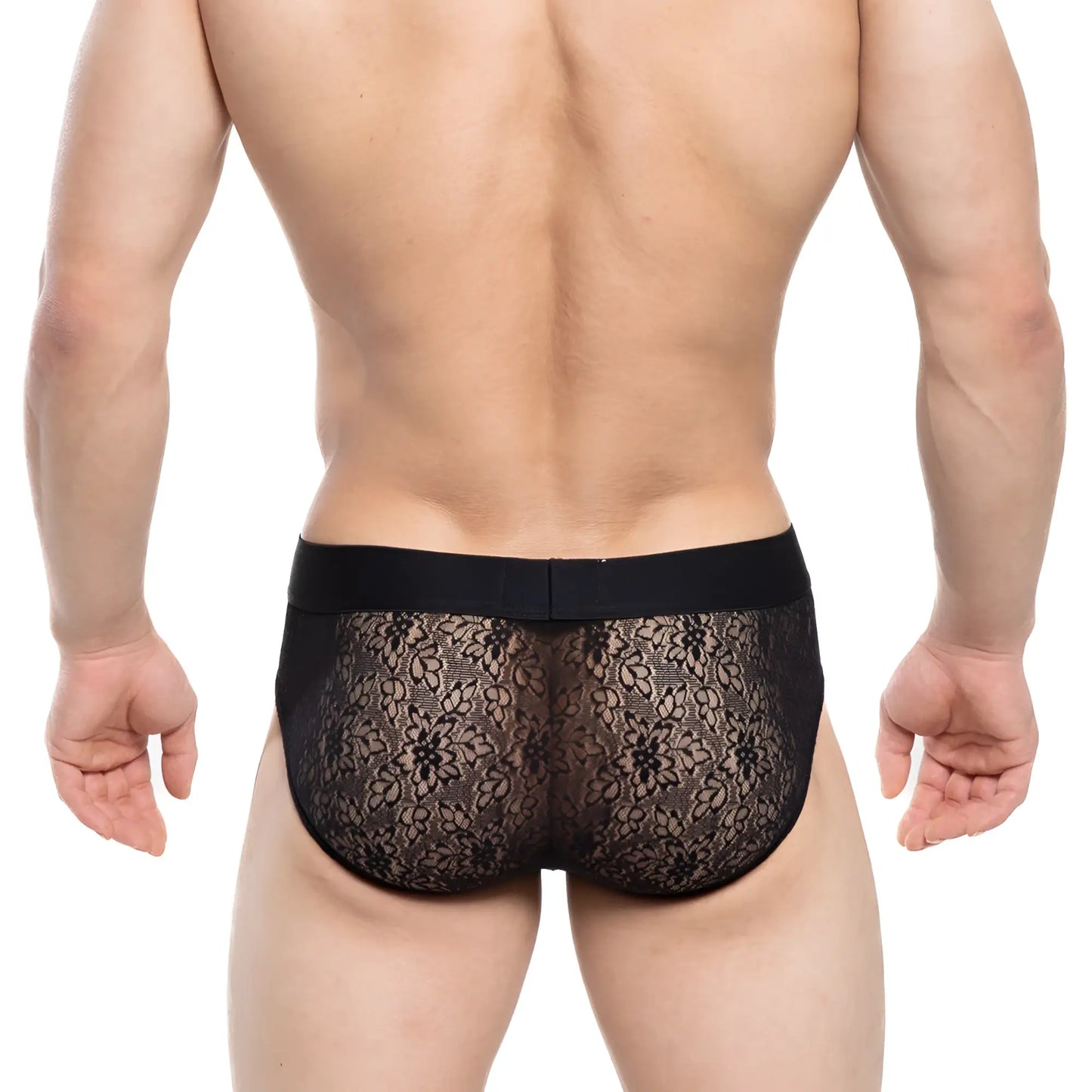 MetroMaleWear Agnes brief black 5003-34 black lace floral briefs with solid elastic waistband front view