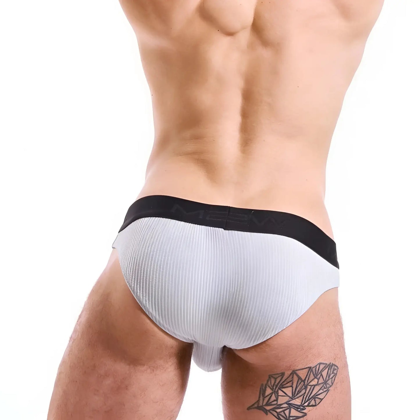 White ribbed briefs with black elastic waistband featuring meen brand name from metromalewear air brief gray 3803-10