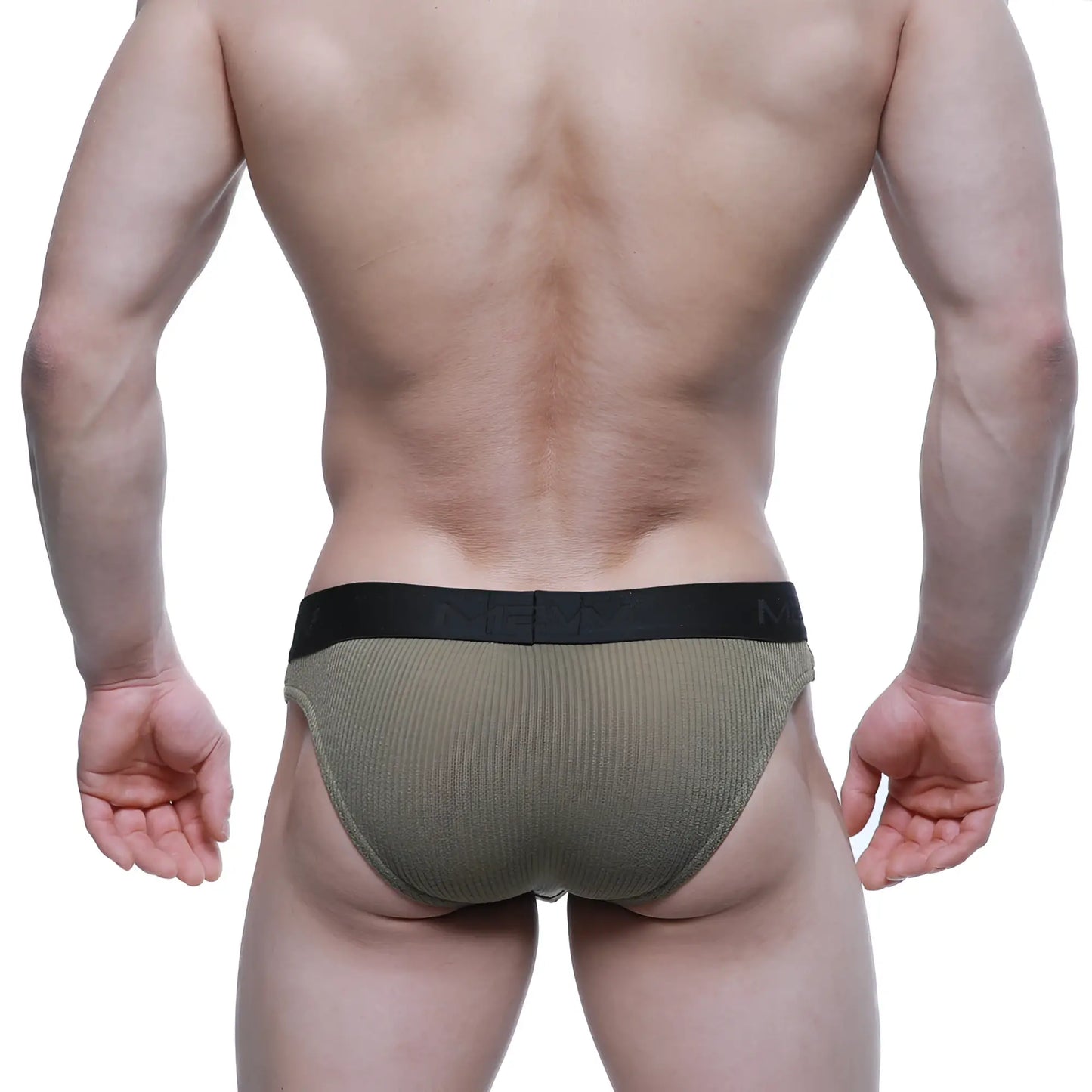 Olive green ribbed men’s briefs with black elastic waistband metroMalewear air brief khaki 3803-26 front view