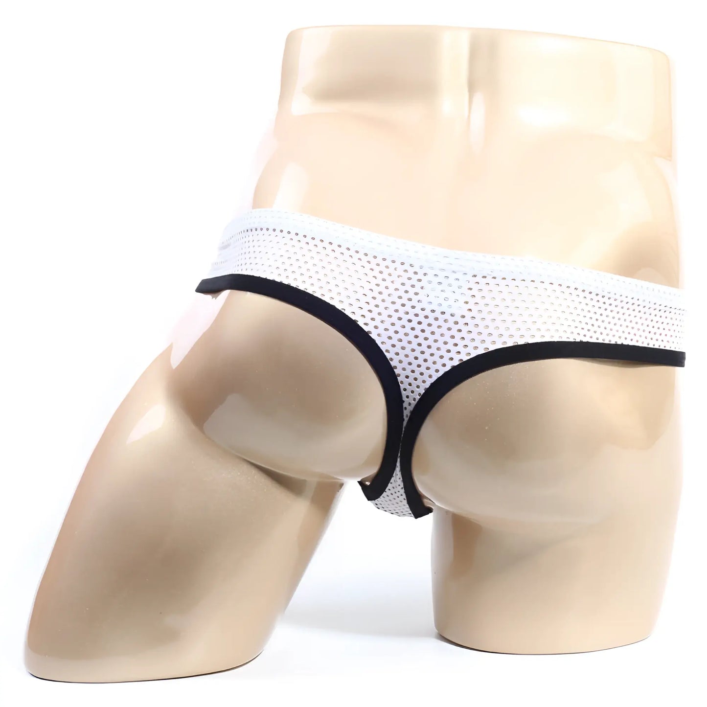 White mesh briefs with black trim from metromalewear alcala thong black 7102-20 showing front side design