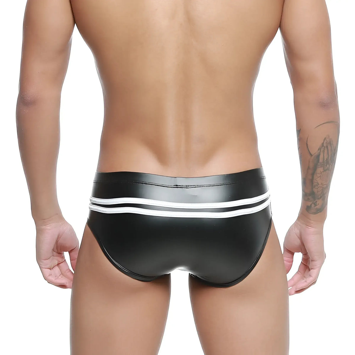 Black shiny faux leather swim trunks with two white stripes on waistband metroMalewear Alexander Competition Suit 4966-30