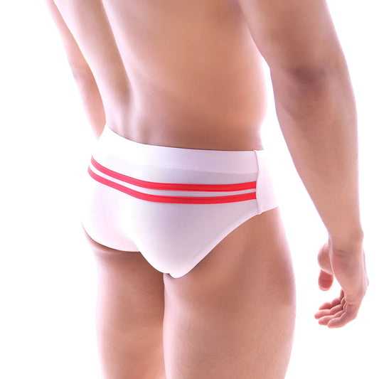MetroMaleWear Alora swim brief white with two bold red stripes on waistband for stylish beachwear use