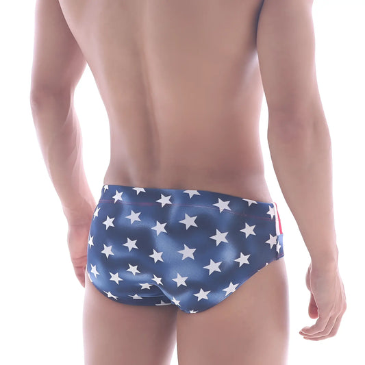 MetroMaleWear american swim brief 4928-90 blue swim trunks with white star pattern for beach and pool use