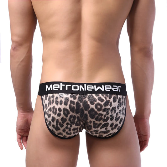 Metro male wear animal bikini brown leopard print mesh briefs with black logo waistband metro male wear 3004-60