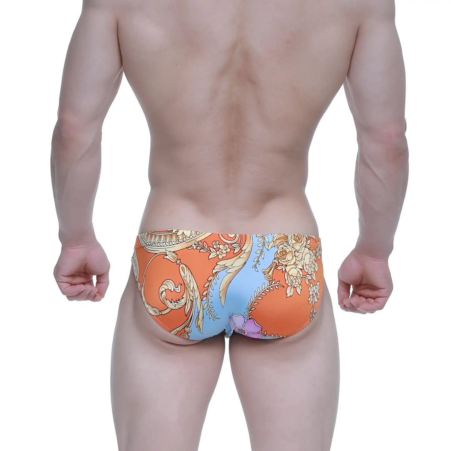 MetroMalewear antique bikini 5103-M68 swim trunks with orange and blue ornate floral pattern for casual wear