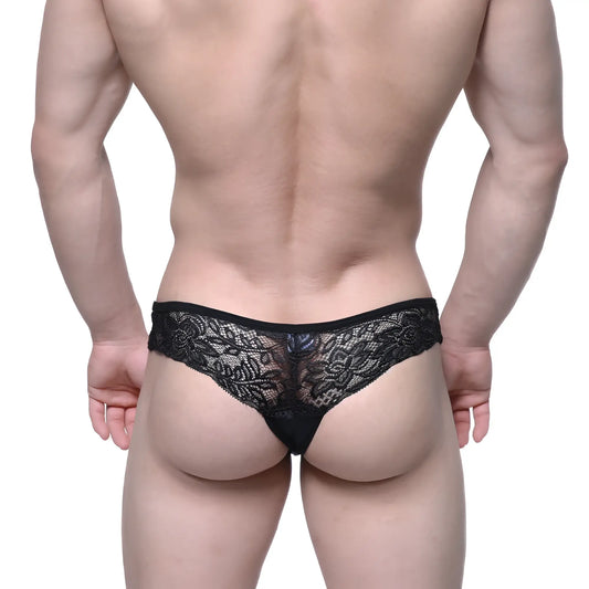 Metro male wear aragon thong black 1152-20 black lace thong with intricate floral patterns and sheer delicate design
