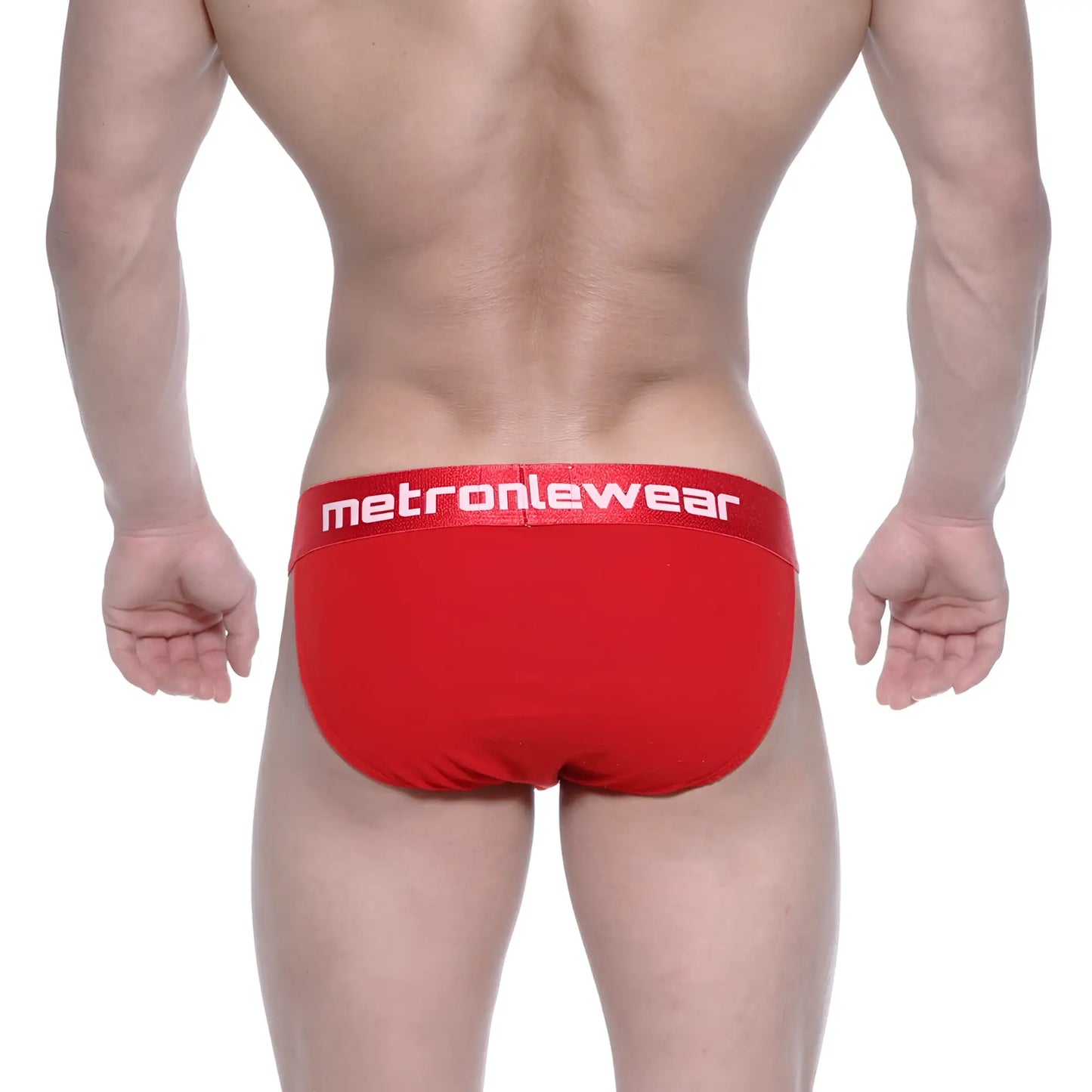 Red metromalewear asian bikini briefs in crimson with a white logo waistband for stylish comfort