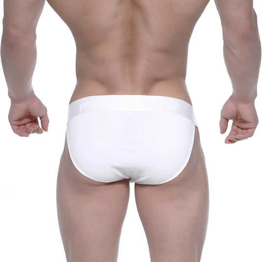 White briefs metro malewear asian bikini crystal 3004-02 with smooth form-fitting design and subtle waistband logo