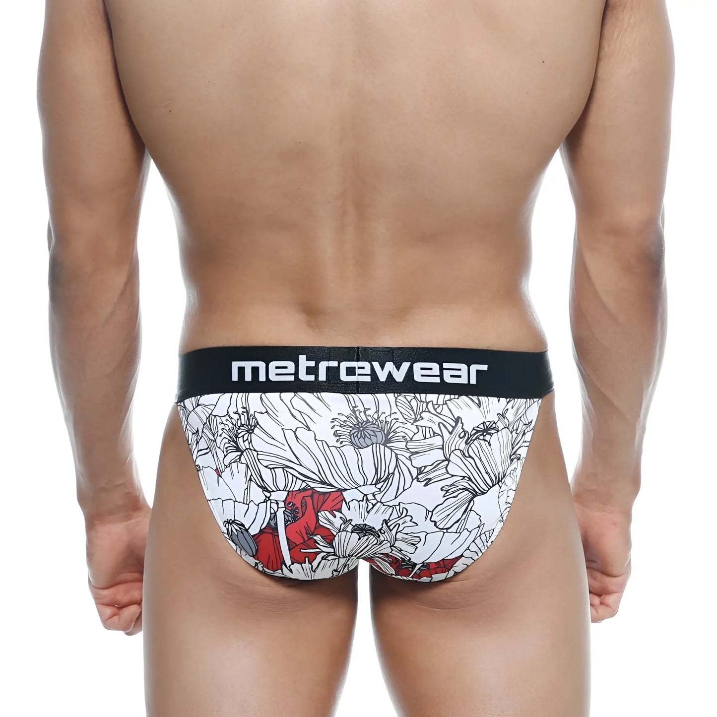 White and red floral patterned men’s briefs with black waistband featuring metrewear logo from MetroMaleWear Asian Bikini Escobar 3004-48