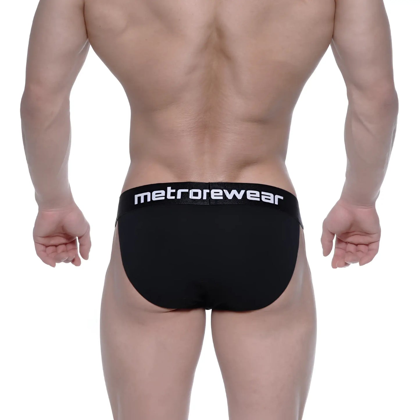Black men’s briefs with a white metrowear logo on the waistband from metromalewear asian bikini intense 3004-21