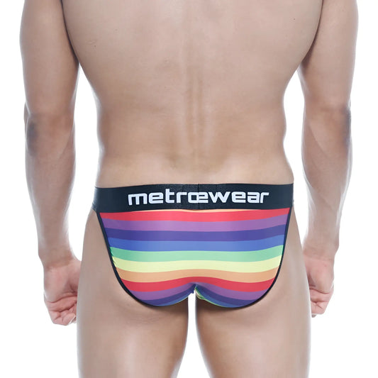 Men’s rainbow-striped briefs with black metrowear waistband in metroMalewear asian bikini rainbow 3004-06 design