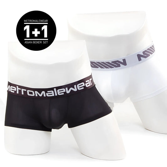 Black and white metromalewear asian short boxer set displayed on mannequins showcasing comfortable cotton fabric