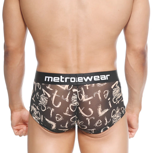 Black mesh briefs with white graffiti lettering and a black metroewear logo waistband titled metroMalewear asian trunk oraculo 2026-03