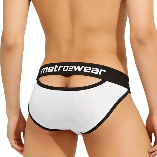 White and black metro2wear briefs with textured fabric and bold waistband branding from MetroMaleWear Audace Bikini 1015-00