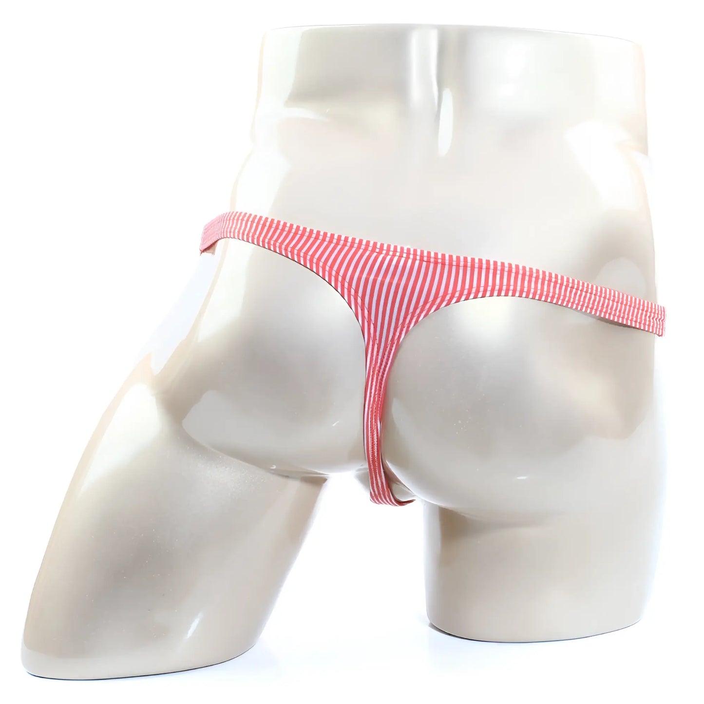 Pink and white striped stretchy fabric thong from metromalewear awesome thong orange 2302-s02 shown from the back side