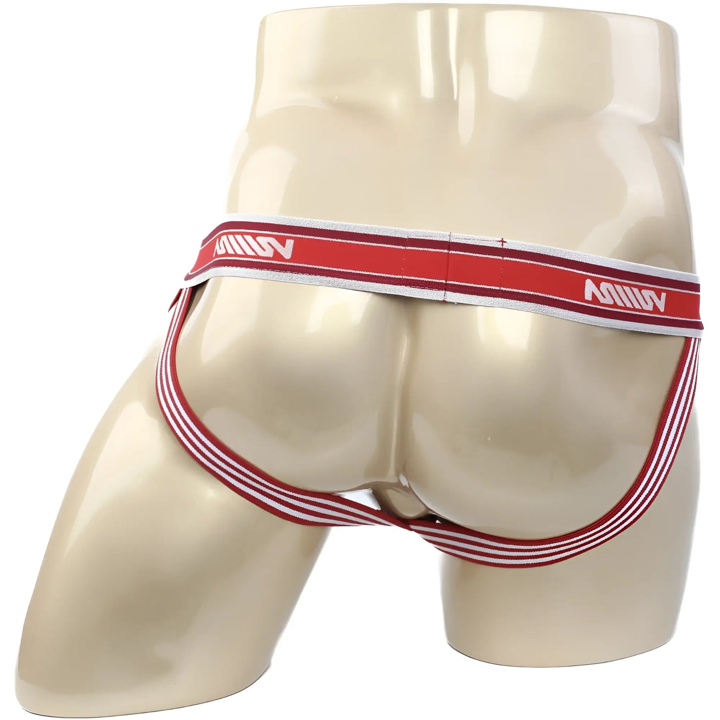 Red and white striped MetroMaleWear ball lifter jock strap with branded waistband designed for athletic support