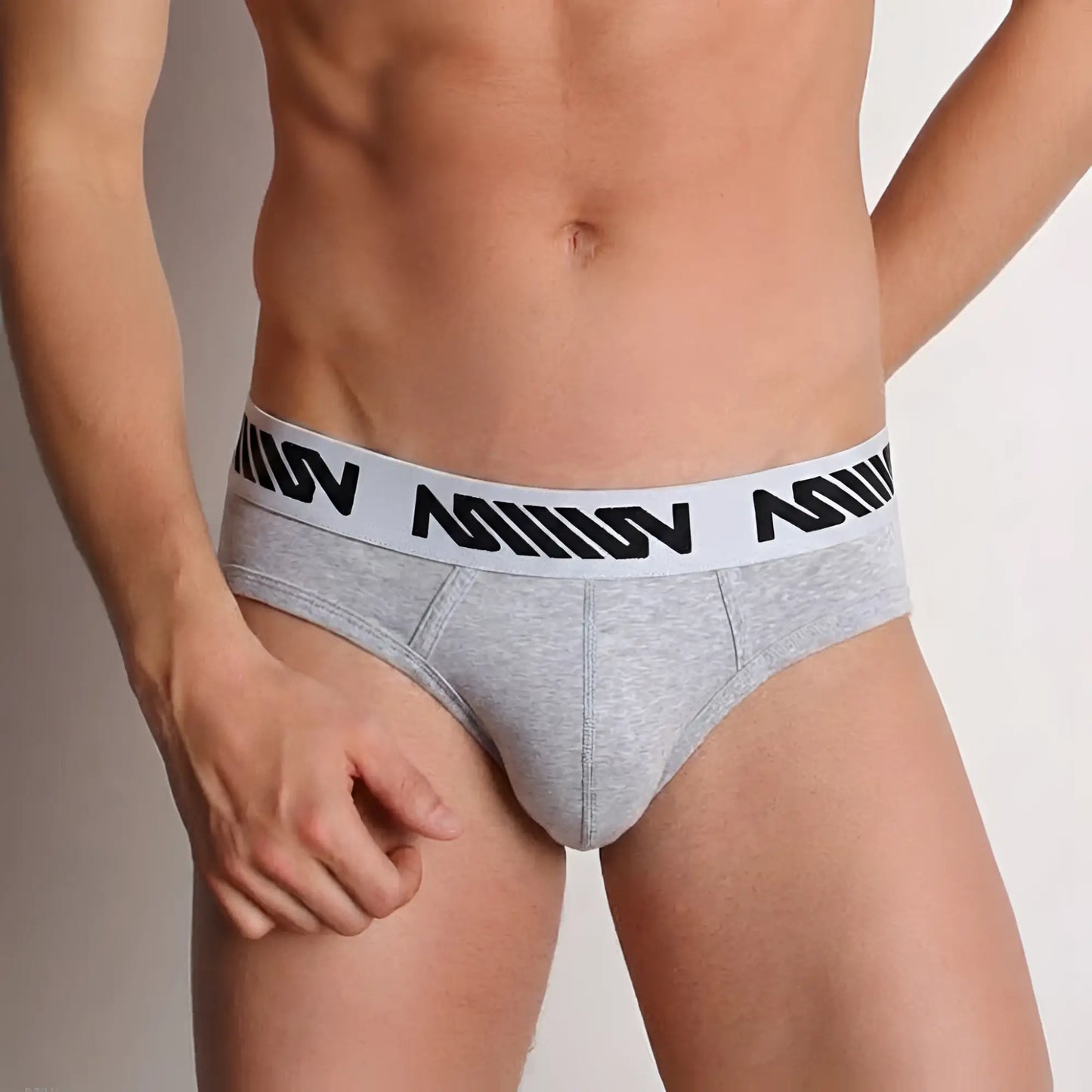 Gray heathered cotton briefs with white elastic waistband and black miiow branding metro male wear basic hip brief