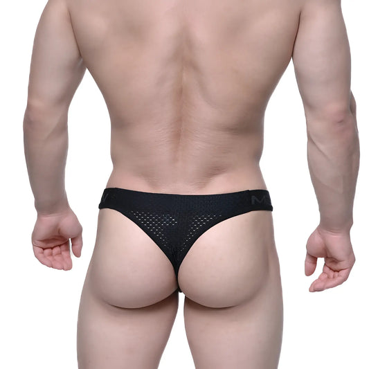 Black mesh thong with subtle textured pattern and branded waistband by MetroMaleWear basic thong intense 2502-22